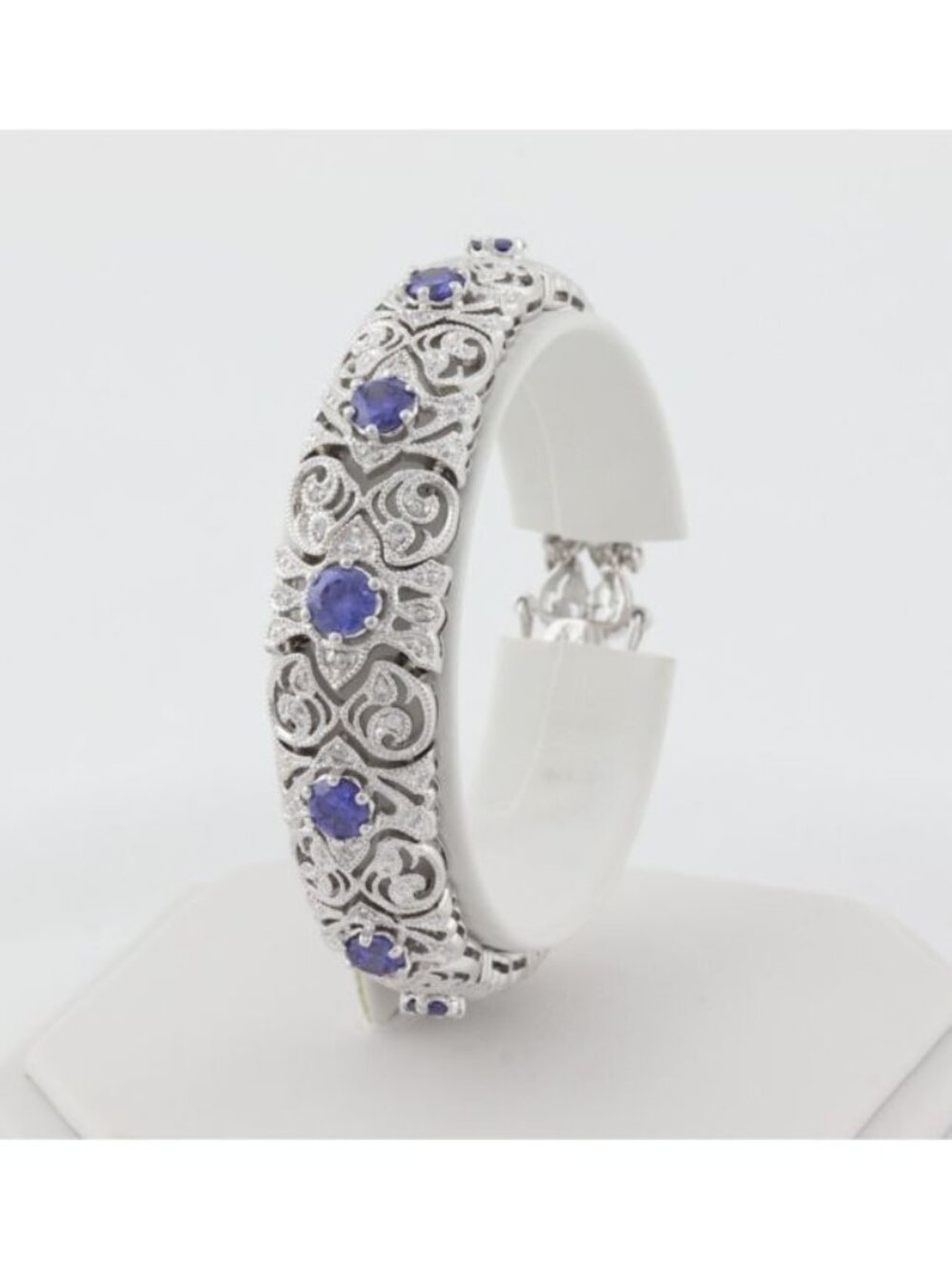 Sterling Silver Ornate Scrollwork Sparkly Tanzanite & CZ Bracelet 7 1/4" inch - Picture 1 of 8